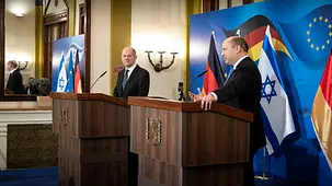 Bundeskanzler Olaf Scholz während einer Pressekonferenz.