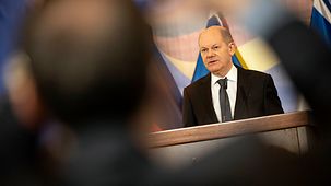 Bundeskanzler Olaf Scholz während einer Pressekonferenz.