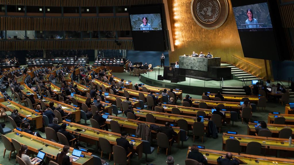 La photo montre la salle de l’Assemblée générale des Nations Unies.