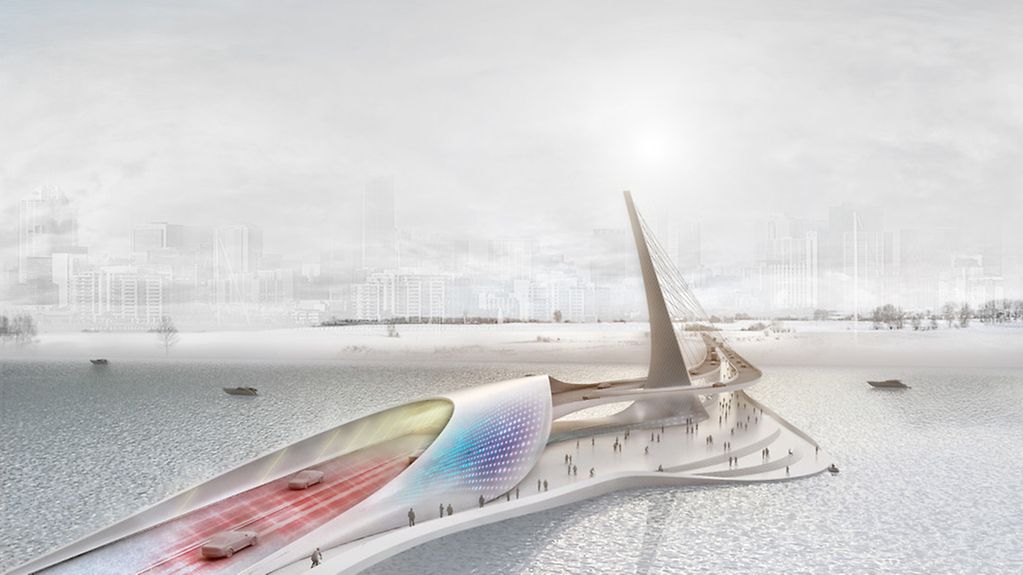 Modell einer futuristischen Brücke mit Glasdach.