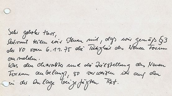 Ausschnitt des von Bärbel Bohley und Jutta Seidel verfassten Briefs an den Minister des Innern mit der Zulassungsbeantragung des Neuen Forums