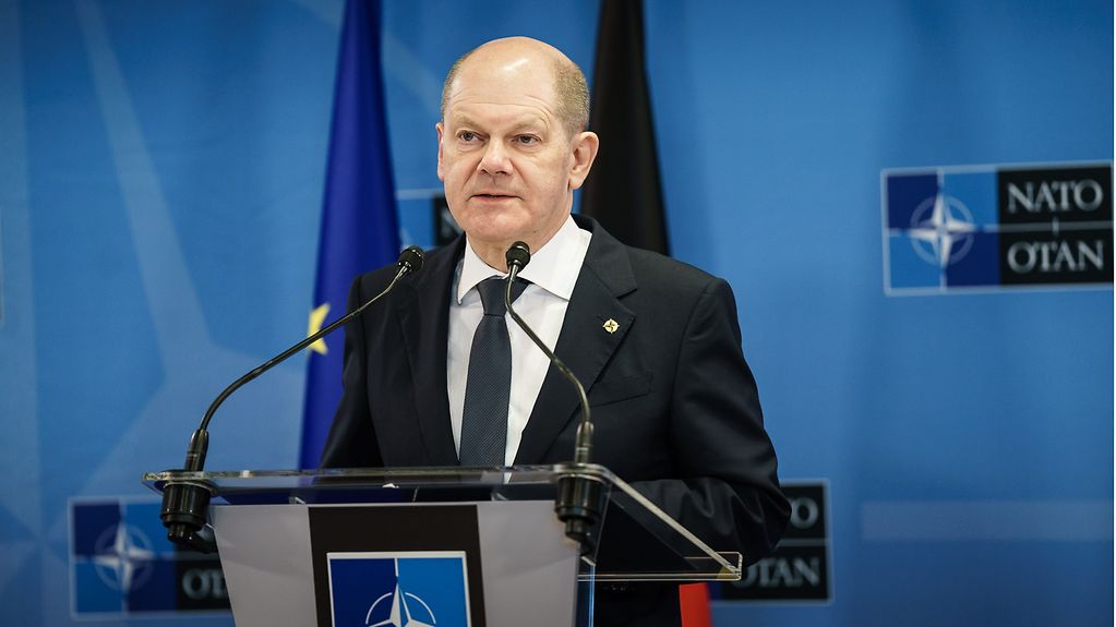 Olaf Scholz lors d’une conférence de presse au siège de l’OTAN à Bruxelles