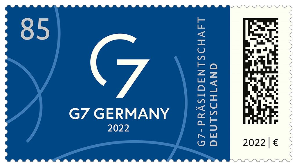 Zur deutschen G7-Präsidentschaft hat das Bundesfinanzministerium eine neue Briefmarke herausgegeben. Das Sonderpostwertzeichen im Wert von 85 Cent zeigt das Logo der G7-Präsidentschaft. (Weitere Beschreibung unterhalb des Bildes ausklappbar als "ausführliche Beschreibung")