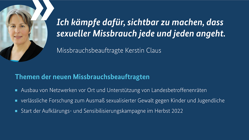Diese Themen möchte die neue Missbrauchsbeauftragte Kerstin Claus 2022 und 2023 angehen. (Weitere Beschreibung unterhalb des Bildes ausklappbar als "ausführliche Beschreibung")