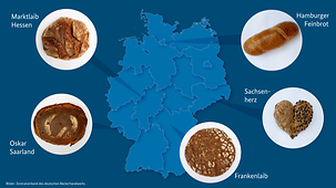 Eine Deutschlandkarte, neben der fünf Brotsorten platziert sind.