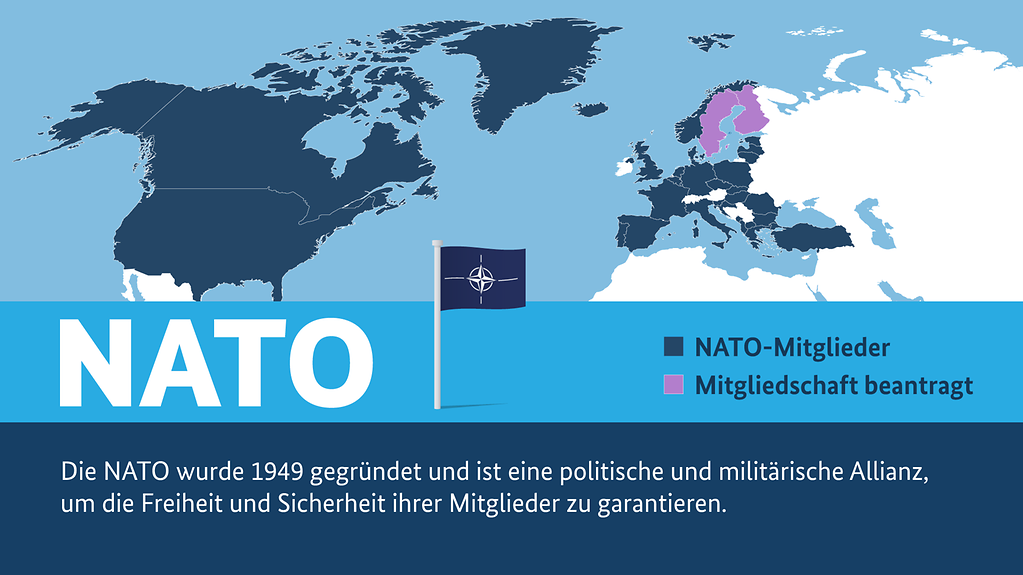 Eine Landkarte, auf denen die Mitgliedsstaaten der Nato blau eingefärbt sind. Die Antragssteller Schweden und Finnland sind lila eingefärbt.