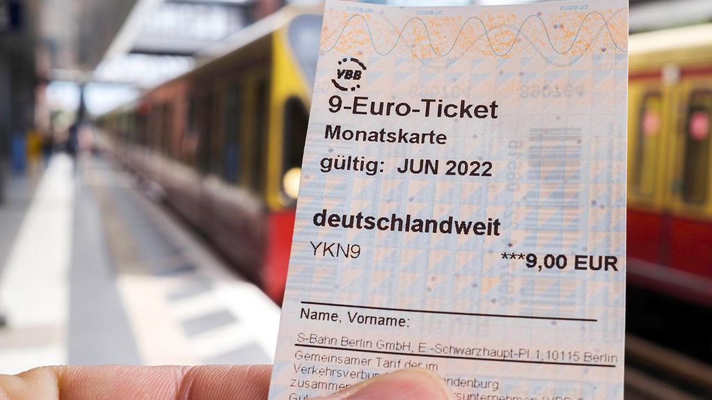 9-Euro-Ticket in der Hand vor zwei Berliner S-Bahnen.