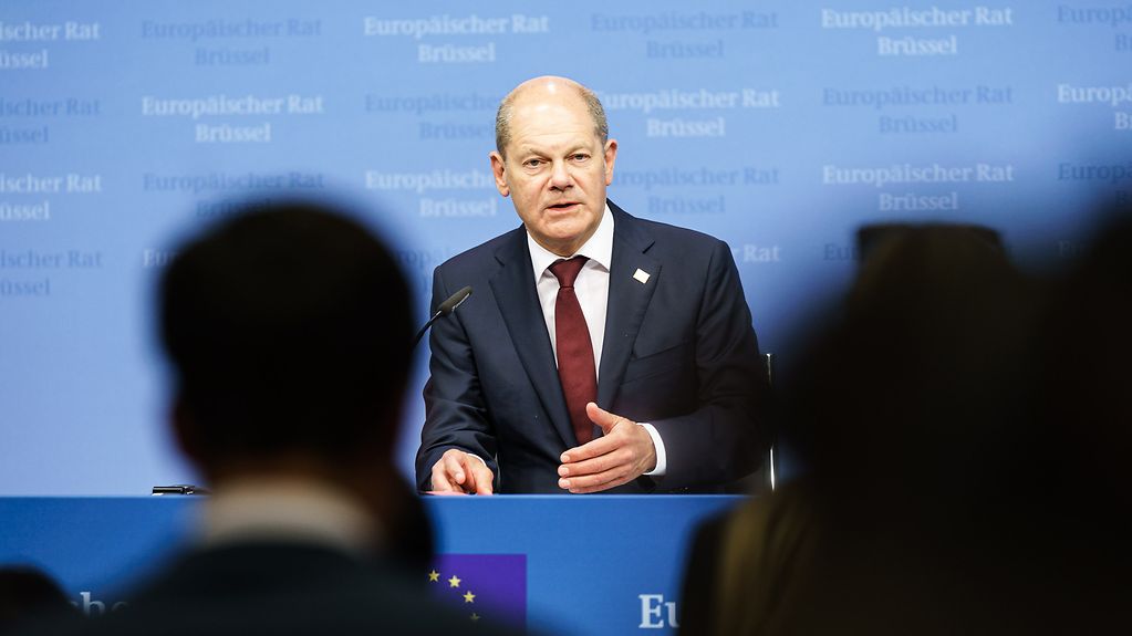 Federal Chancellor Olaf Scholz speaks at a press conference following the European Council meeting.