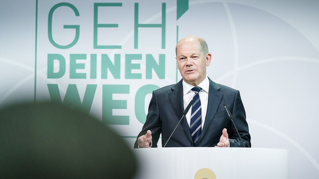 Federal Chancellor Olaf Scholz gives a speech at Deutschlandstiftung Integration