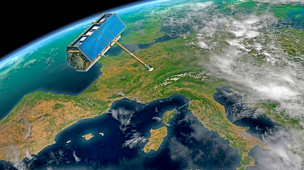 Bild zeigt einen Satelliten, im Hintergrund der Planet Erde