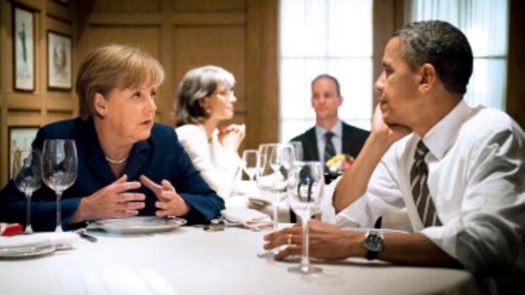 Bundeskanzlerin Merkel und US-Präsident Barack Obama während eines gemeinsamen Essens