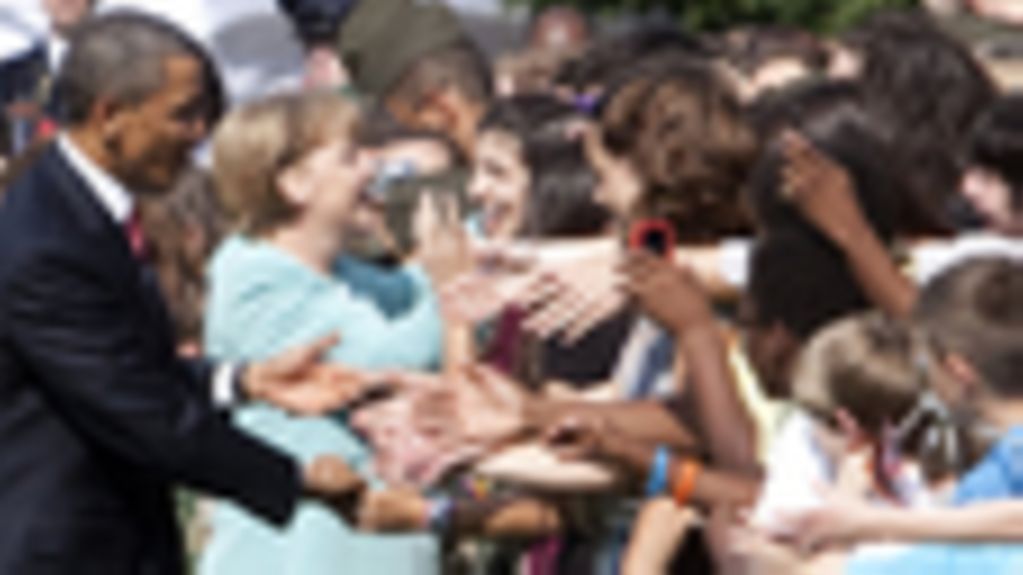 Merkel und Obama Gäste und ihre Kinder im Garten des Weißen Hauses mit