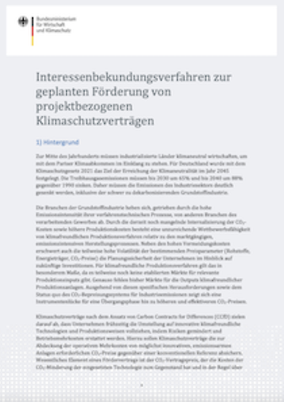 Titelbild der Publikation "Interessenbekundungsverfahren zur geplanten Förderung von projektbezogenen Klimaschutzverträgen"
