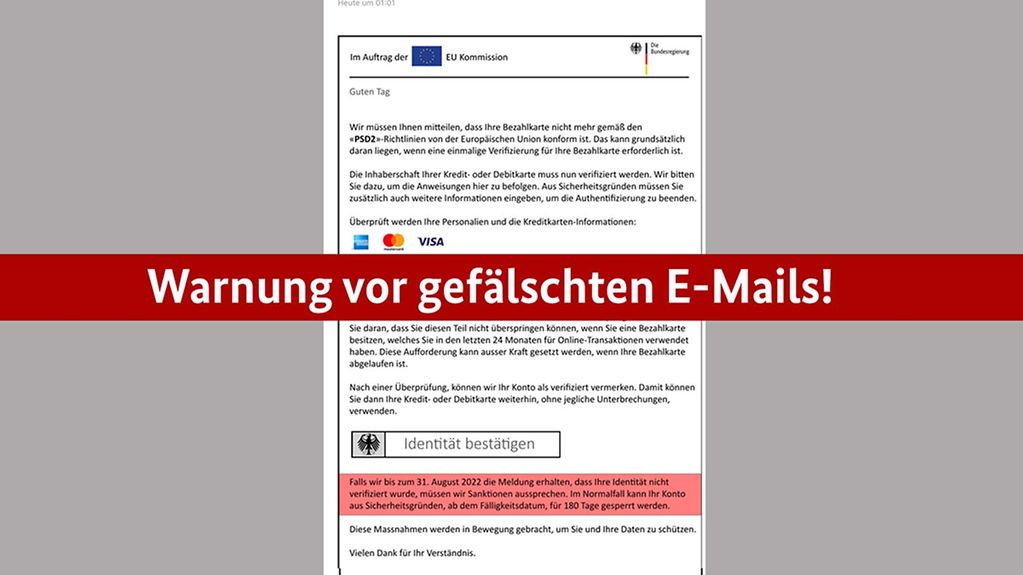 Ein Screenshot einer betrügerischen E-Mail. Darüber die Schrift "warnung vor gefälschten E-Mails!" auf rotem Untergrund.