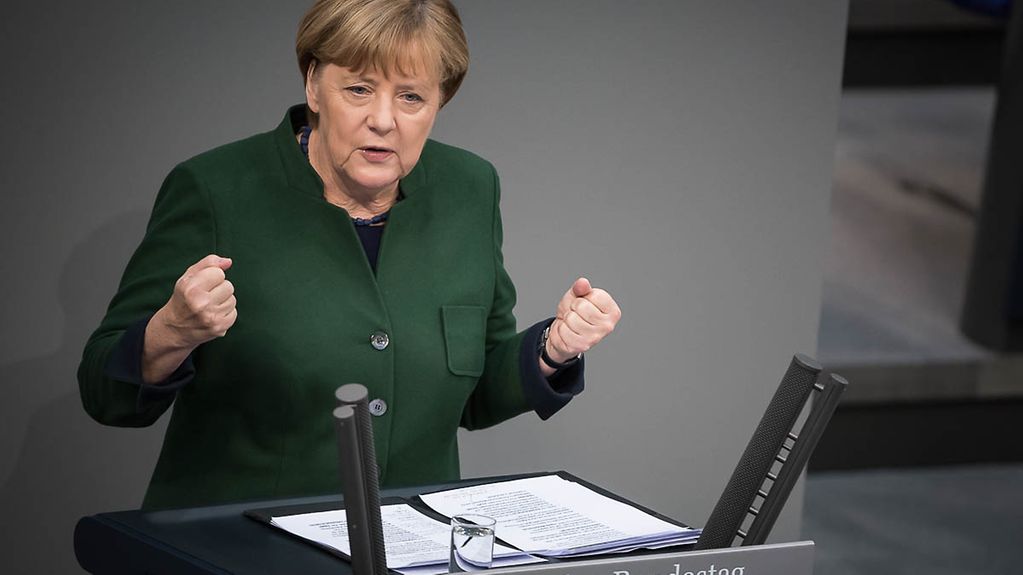 Chancellor Angela Merkel speaks in the German Bundestag during the general debate on the 2017 budget.