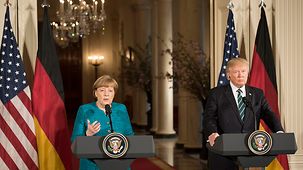 Chancellor Angela Merkel and President Donald Trump at a joint press conference at the White House