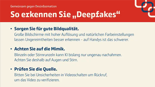 Grafik mit Tipps, wie man Deepfakes erkennt.