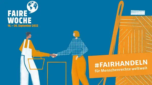 Grafik zu "Faire Woche" auf der man einen Händler und einen Kunden sieht, die sich die Hand geben.