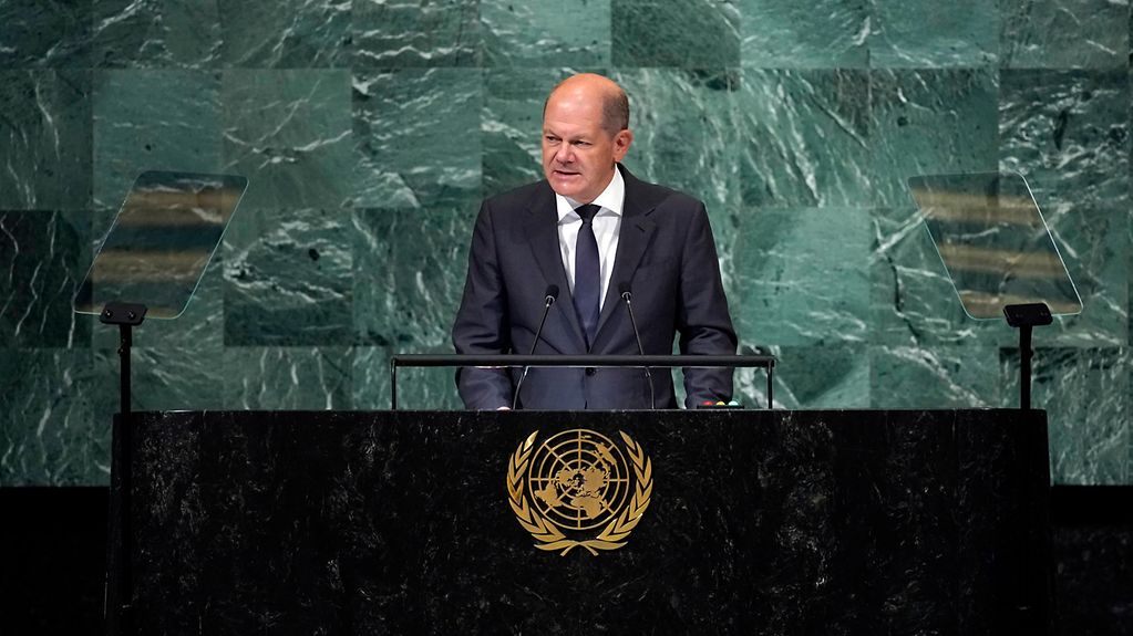 Le chancelier Olaf Scholz intervient devant l’Assemblée générale des Nations Unies.