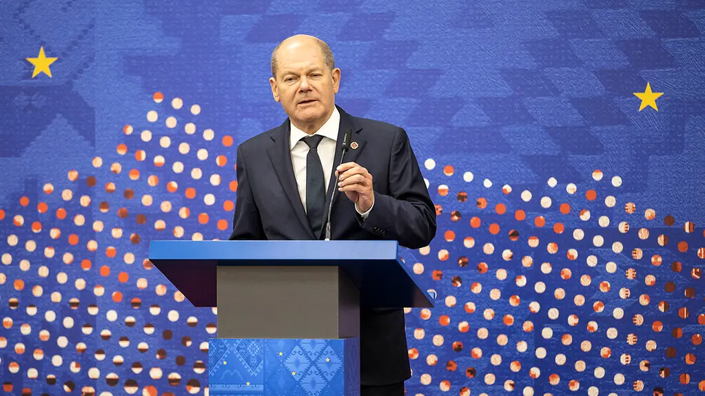 Bundeskanzler Olaf Scholz bei einer Pressekonferenz zum EU-Westbalkangipfel.