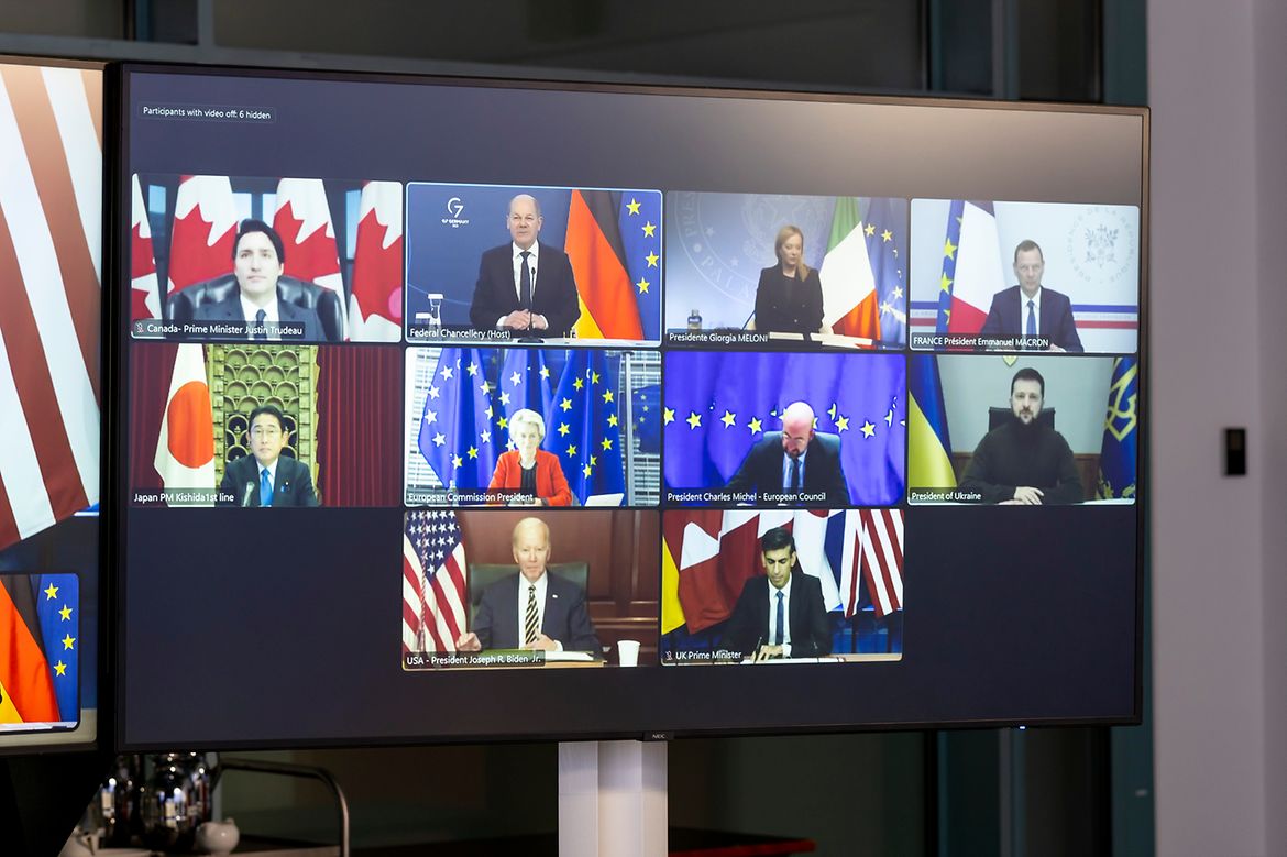 Bundeskanzler Olaf Scholz während einer Videokonferenz mit den G7-Regierungschefs.