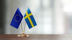 Flaggenpaar der schwedischen und der Europäischen Union auf dem Schreibtisch vor unscharfen Hintergrund.