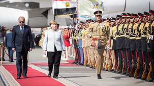 Egypt's Prime Minister welcomes Chancellor Angela Merkel with military honours at the airport in Cairo.