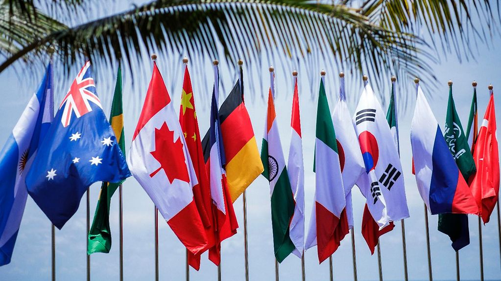 Die Flaggen der G20-Staaten wehen beim Gipfel 2022 auf Bali, darüber sind Palmen zu sehen.