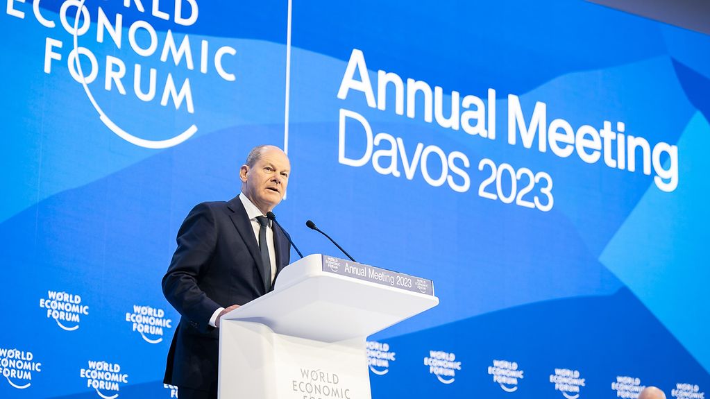 Le chancelier fédéral Olaf Scholz lors de son discours au Forum économique mondial de Davos le 18 janvier 2023