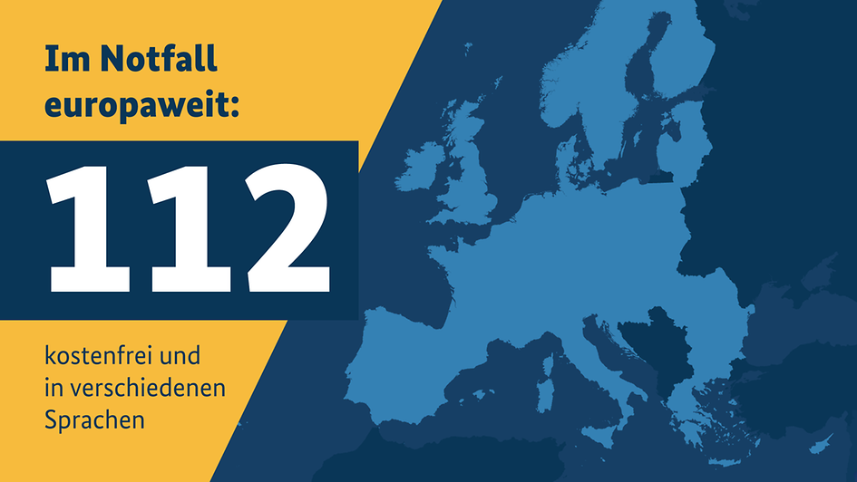 Grafik zum europaweit einheitlichen Notruf 112 mit dem Hinweis "kostenfrei und in verschiedenen Sprachen".
