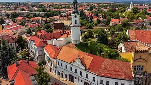 Blick auf die mittelalterlichen Gebäude von Vezprem mit dem Wahrzeichen der Stadt, dem Feuerturm.