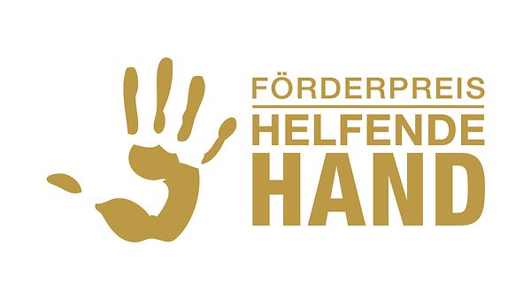 Förderpreis Helfende Hand - goldener Handabdruck auf weißem Hintergrund