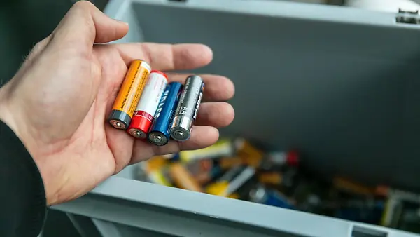 Leere Batterien in einer Hand.