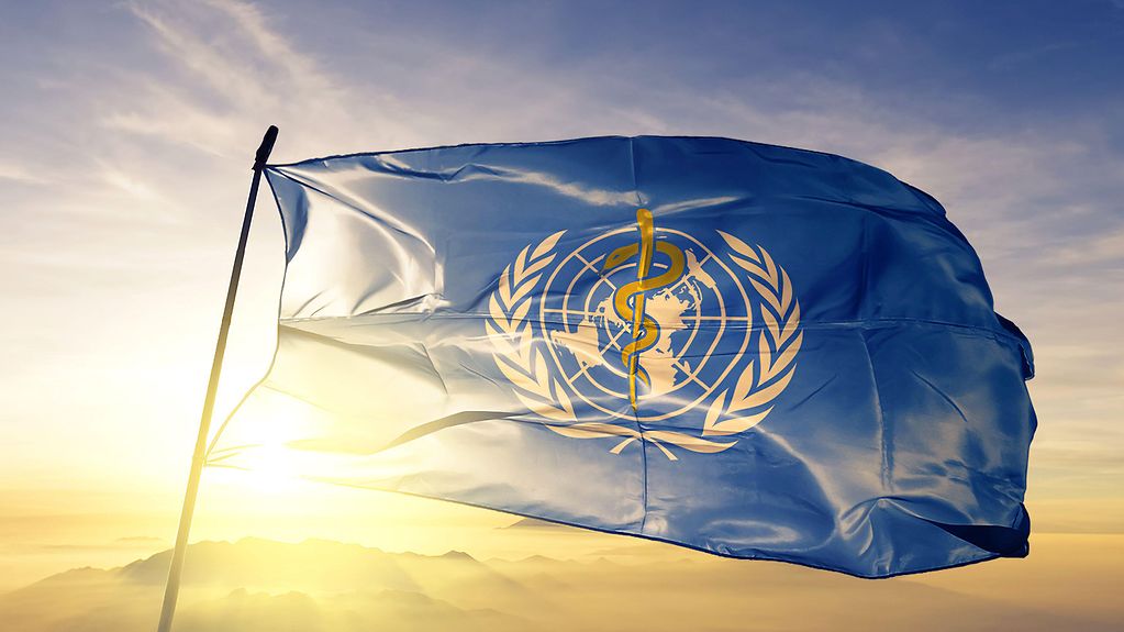 Eine Flagge der WHO vor sonnigem Himmel.