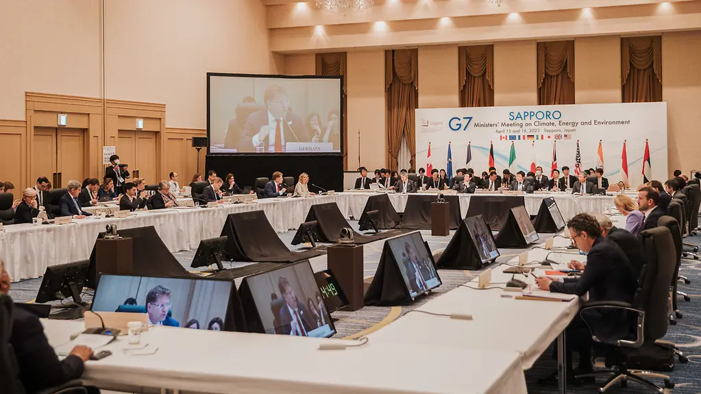 Sitzungssaal des G7-Treffens in Sapporo.