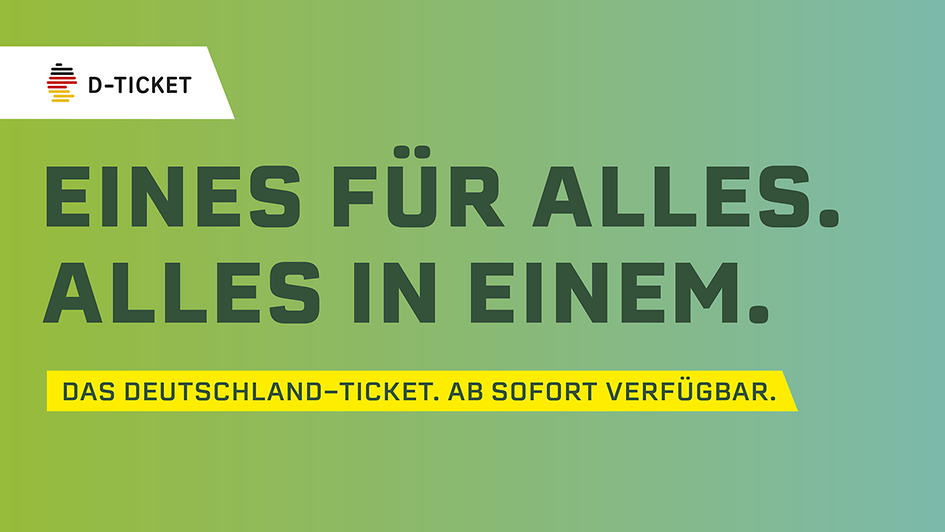 Grafik zum Start des Deutschlandtickets mit dem Satz: "Eines für alles, alles in einem. Das Deutschland-Ticket. Ab sofort verfügbar."
