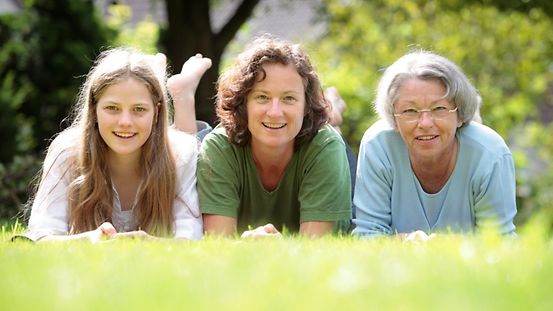 Drei Generationen: Großmutter, Mutter und Tochter liegen im Gras.
