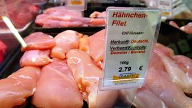Biologisch erzeugtes Hähnchen-Filet in der Fleischtheke des Bio-Supermarktes 'Basic' in Frankfurt am Main.