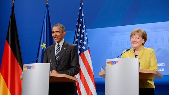 Bundeskanzlerin Merkel und US-Präsident Obama bei einer Pressekonferenz in Hannover