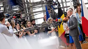 Bundeskanzler Olaf Scholz beim Pressestatement zum Treffen des Europäischen Rats in Brüssel.