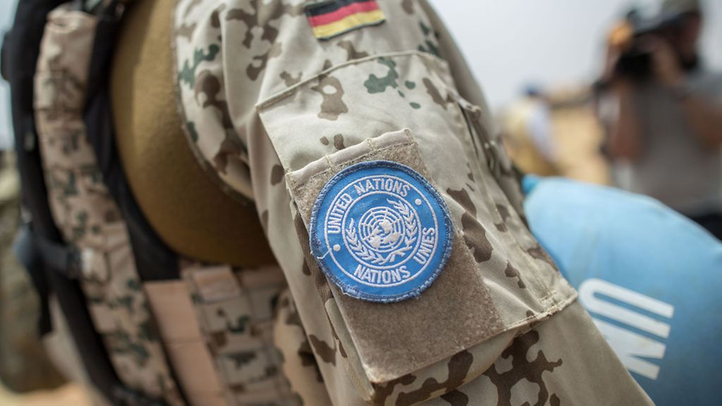 The UN badge on the arm of a soldier who is part of the German contingent in Mali
