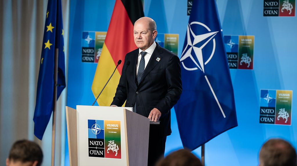 Le chancelier fédéral Olaf Scholz lors de la conférence de presse à l’occasion du sommet de l’OTAN