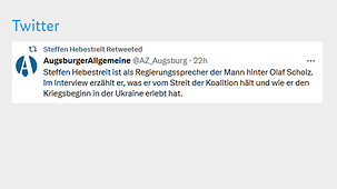 Steffen Hebestreit Retweeted AugsburgerAllgemeine @AZ_Augsburg Steffen Hebestreit ist als Regierungssprecher der Mann hinter Olaf Scholz. Im Interview erzählt er, was er vom Streit der Koalition hält und wie er den Kriegsbeginn in der Ukraine erlebt hat.