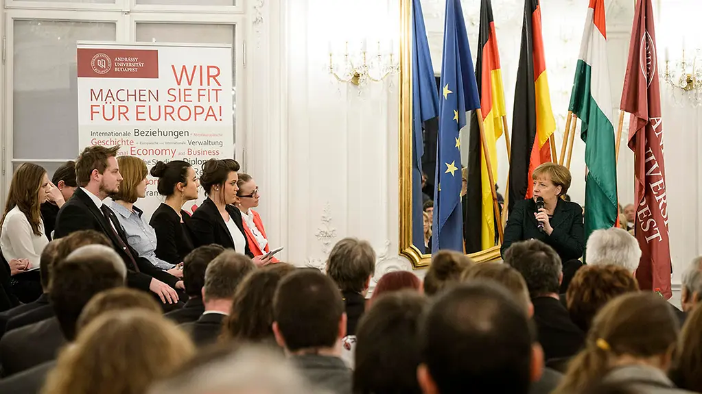 Chancellor Angela Merkel during a discussion with students