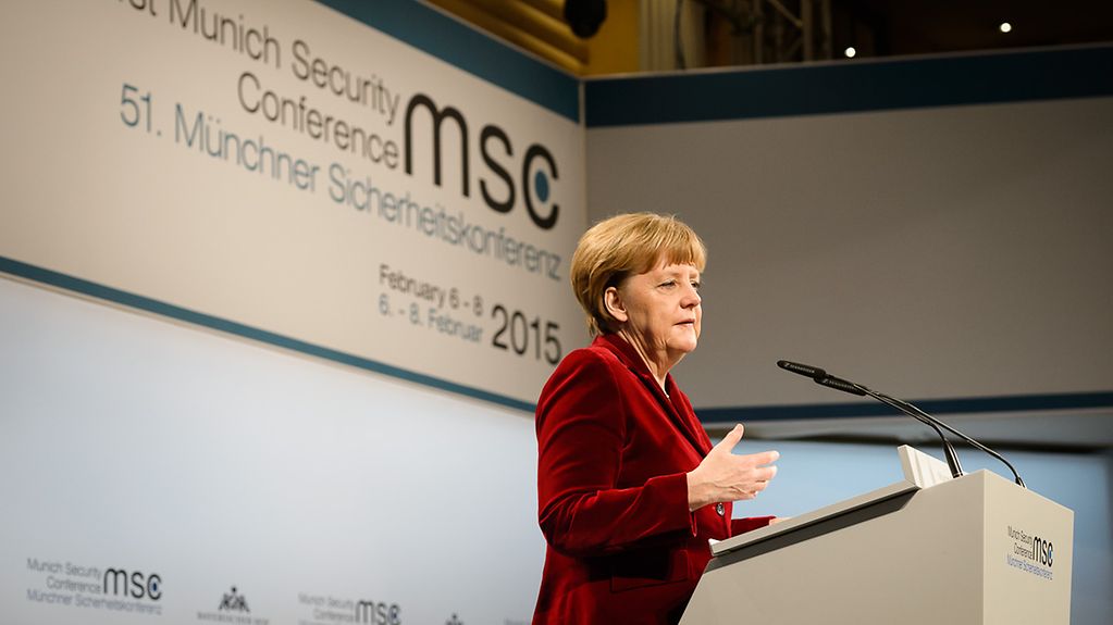 Chancellor Angela Merkel speaks at the 51st Munich Security Conference.