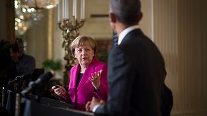 Bundeskanzlerin Angela Merkel und US-Präsident Barack Obama bei gemeinsamer Pressekonferenz.