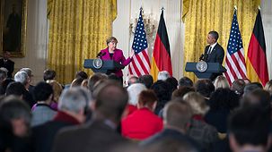Bundeskanzlerin Angela Merkel mit US-Präsident Barack Obama bei der gemeinsamen PK.