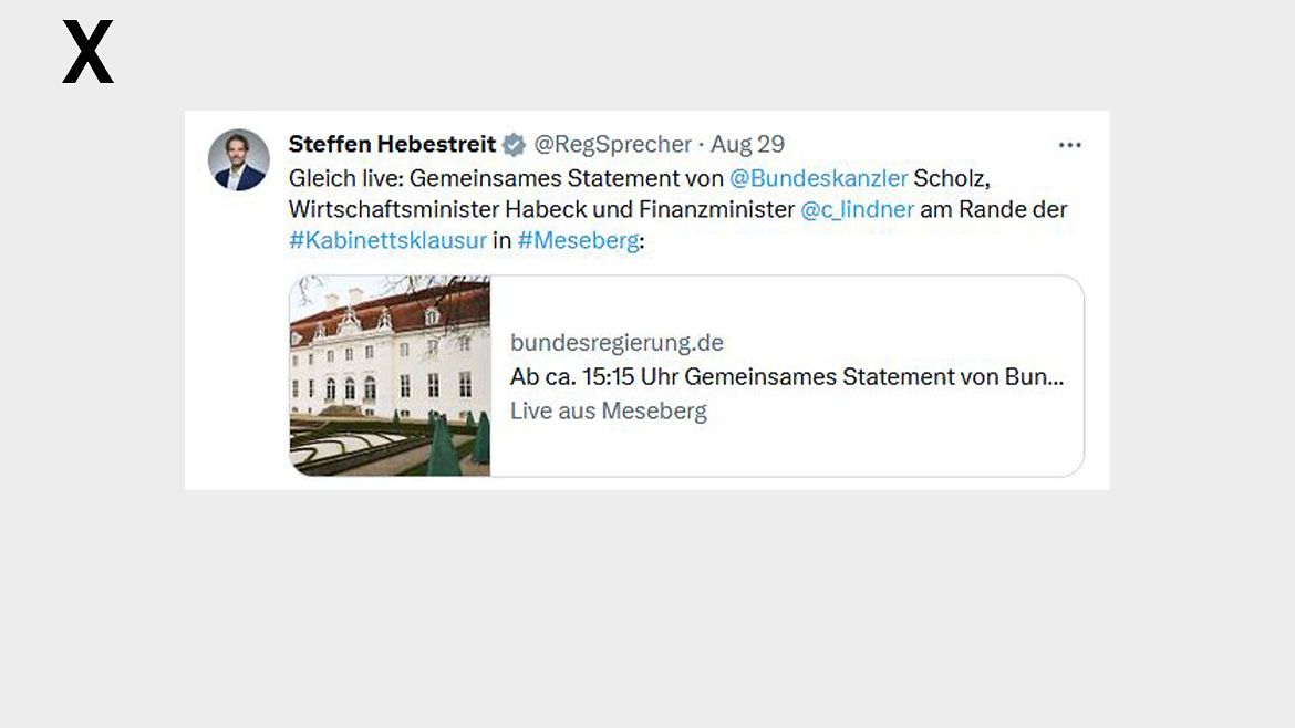 Gleich live: Gemeinsames Statement von @Bundeskanzler Scholz, Wirtschaftsminister Habeck und Finanzminister @c_lindner am Rande der #Kabinettsklausur in #Meseberg: