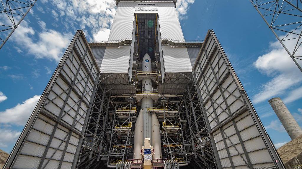 A fully assembled test model of the new ESA heavy-cargo rocket Ariane 6 on the launch pad of the European spaceport
