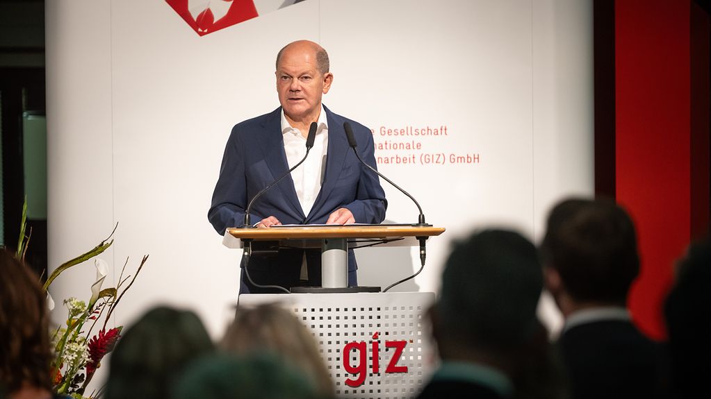 Olaf Scholz s’exprime lors de la réception annuelle de la Deutsche Gesellschaft für internationale Zusammenarbeit (GIZ).